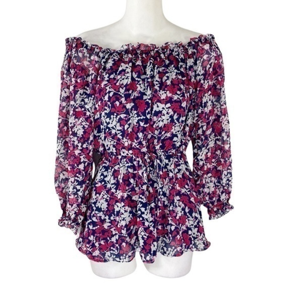 Diane von Furstenberg DVF Camila Floral Print off Shoulder Silk Drawstring Top 4